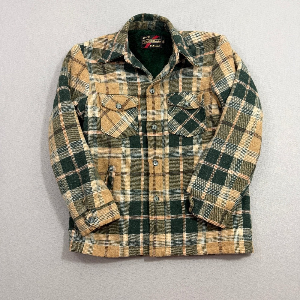 Vintage Sears Jacket Mens 42 Tall Green Plaid Sherpa Lined Flannel Shacket 80s
